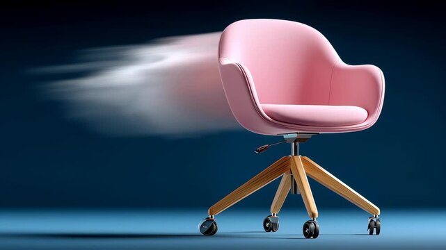 Pink ergonomic office chair with wooden base and wheels appears to move swiftly across a blue background, showcasing motion blur effects in three sequential frames
