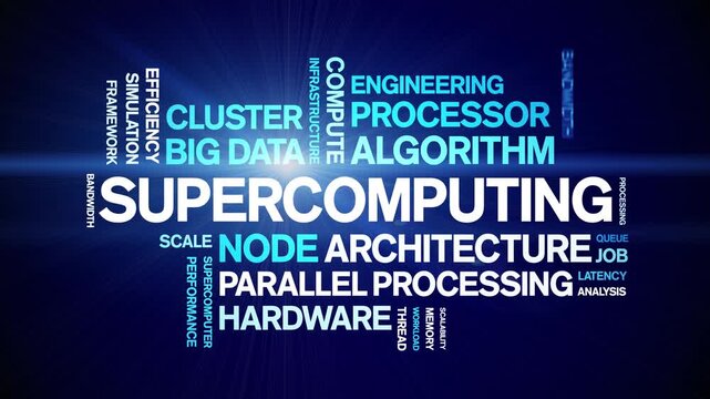 Supercomputing animated word cloud-text design animation tag kinetic typography seamless loop.