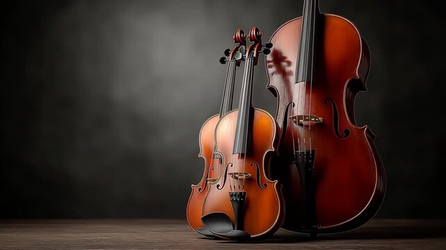 Close-up view of two wooden violins, one smaller and one larger, positioned on a wooden surface with a dark gradient background enhancing their rich tones and textures