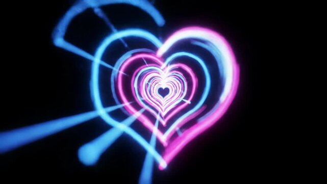 dynamic cgi abstract animation, vibrant neon pink and electric blue light trails subtly forming heart shapes in an infinite glowing tunnel against a pure black deep space background, emphasizing