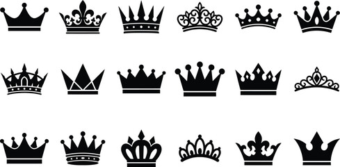 Obraz premium Collection of 15 unique crown silhouettes in black on white background