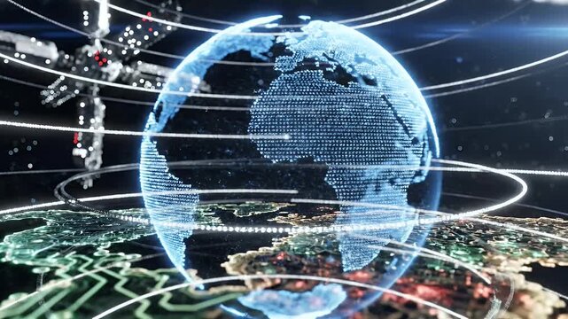 Futuristic holographic Earth with orbiting lights and digital gridlines