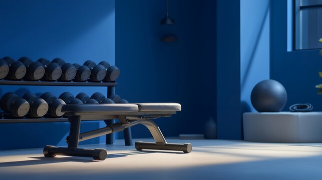 Home gym corner featuring adjustable dumbbells on rack, weight bench folded, jump rope coiled, foam roller against wall, organizational efficiency, ideal for compact equipment strength training