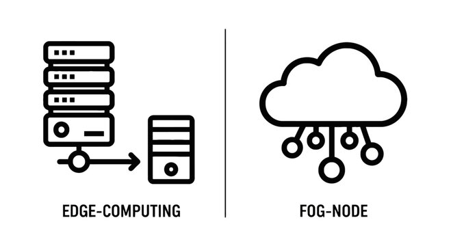 Edge computing server rack and fog node cloud network outline vector icons for distributed systems with data center