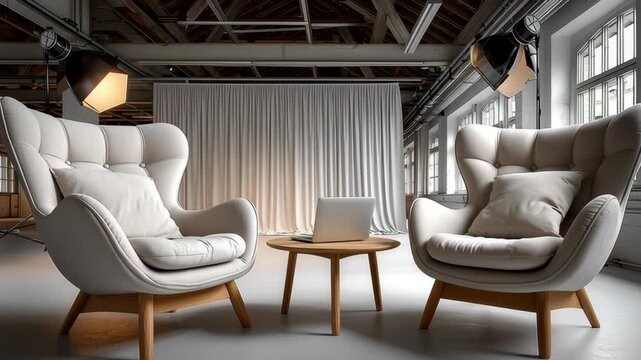 Two modern white armchairs with cushions and a wooden table in a bright studio space, soft lighting and curtains creating a cozy atmosphere
