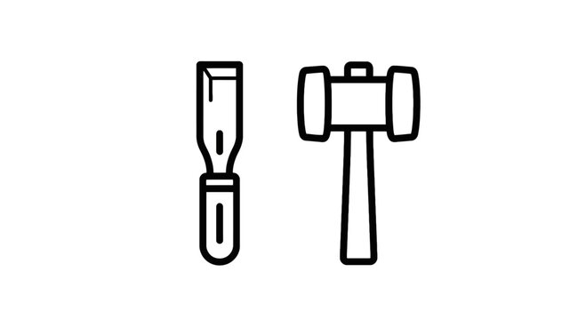Woodworking hand tools icon set: chisel and mallet for traditional craftsmanship with wood carving