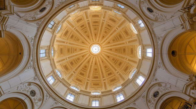 discordant. Interior of a cathedral dome with a single beam of sunlight from above. real-estate listings.