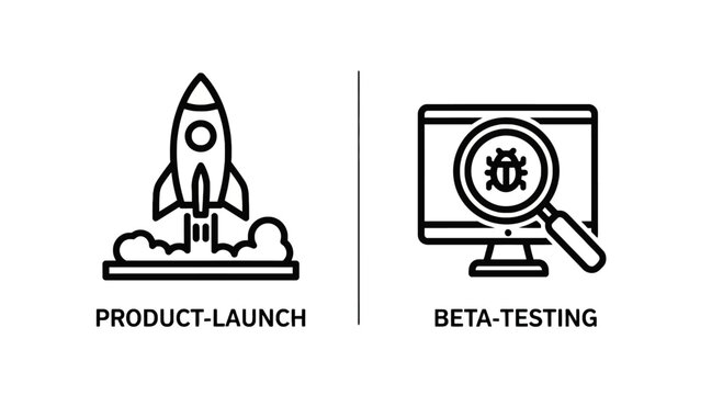 Product launch and beta testing icons for software development, startup innovation, and quality assurance, magnifying glass