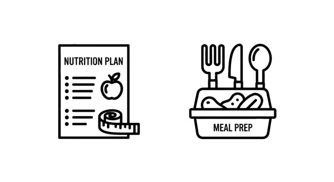 Healthy nutrition plan and meal prep icons for diet management, wellness lifestyle, and fitness goals, measuring tape