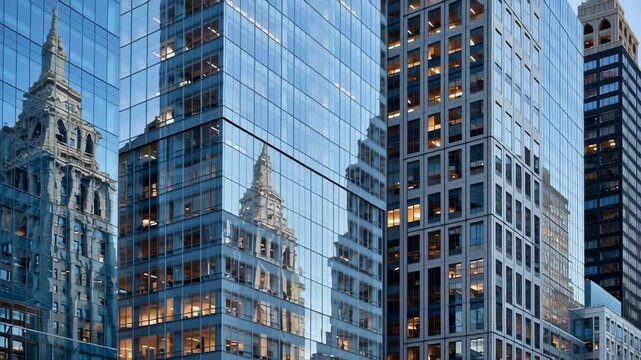 Modern glass skyscrapers reflecting historical architecture in urban cityscape, showcasing a blend of contemporary and classic design elements in a metropolitan setting