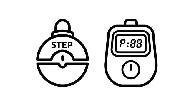 Pedometer step counter and stopwatch timer line icons for fitness tracking and time management with fitness tracker