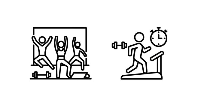 Group exercise and treadmill workout icons for fitness, personal training, health, and active lifestyle promotion, fitness icon