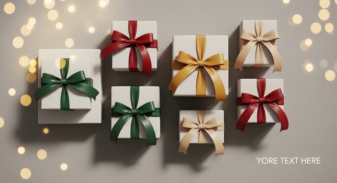 Assortment of small white gift boxes tied with festive leather bows is scattered beneath sparkling bokeh lights.