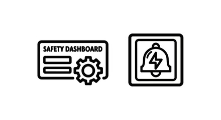 Fototapeta premium Industrial safety monitoring icons showing safety dashboard with gear and electrical alarm bell symbol in minimalist black line style for workplace control