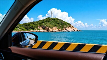 Fototapeta premium Car view of lighthouse by sea