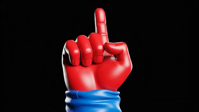 Red 3D hand with index finger pointing up on black