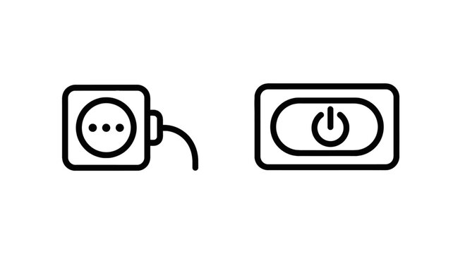 Electronic power icons displaying a round wall plug with cord and a standby power button, black outline vector for technology and energy control concepts