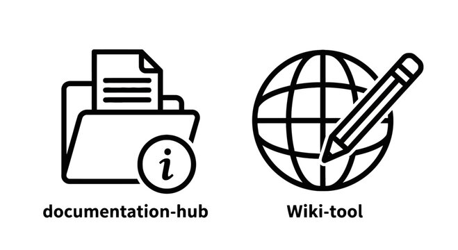 Information icons: documentation hub folder and wiki tool pencil globe with line art