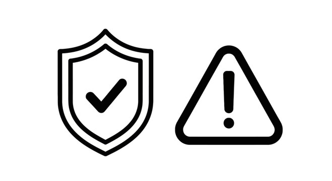 Security and safety symbol icons showing a protective shield with checkmark and a triangle warning sign for hazard alert and risk management