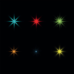 Fototapeta premium Set of colorful glowing starburst lights on black background, abstract sparkle flare effects, festive and decorative design elements.