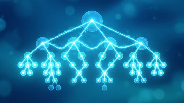 Neural network structure with glowing nodes and connections blue background representing artificial intelligence data flow digital system hierarchical network organization technology communication