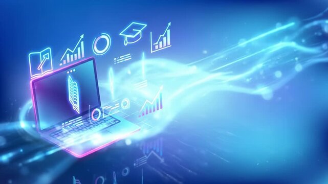 Digital laptop with glowing blue data flow, virtual analytics, and futuristic technology for business and online education, symbolizing digital learning and academic success in dynamic motion