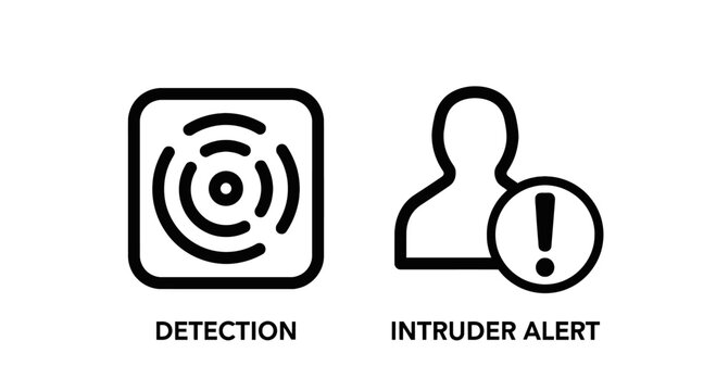 Security detection and intruder alert line icons featuring a sensor signal icon and a person silhouette with a warning sign for surveillance systems