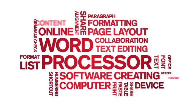 Word Processor animated word cloud-text design animation tag kinetic typography seamless loop.