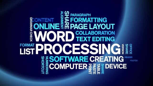 Word Processing animated word cloud-text design animation tag kinetic typography seamless loop.