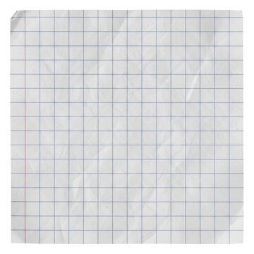 A sheet of crumpled graph paper isolated on transparent background