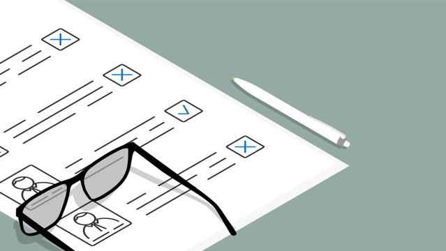 Isometric voting paper with details of election candidates and voter yes and no marks. Cartoon 3D vector concept isolated on green background