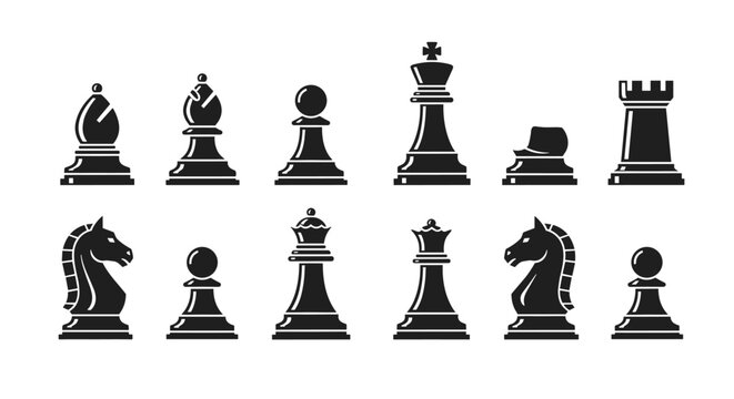 Collection of black chess pieces silhouettes on a white background, top view