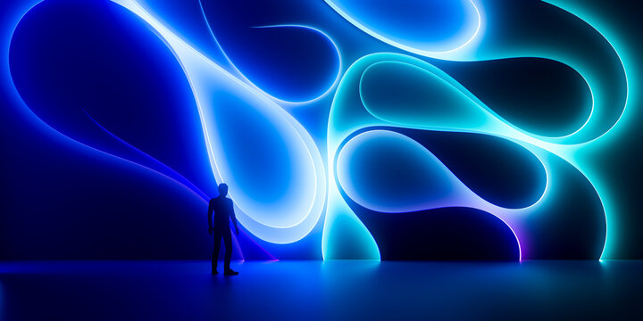 3D neon biomorphic wall with glowing scale and dark space.