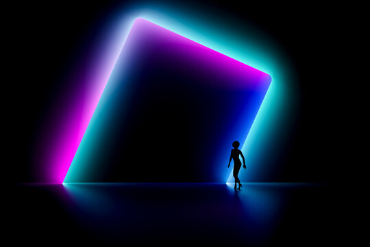 3D neon geometric frame with radiant edge and dark interior