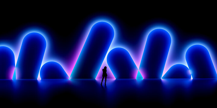 3D modular arch sequence with repeating glow and centered figure