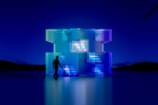 3D glass data structure with glowing cube and walking silhouette