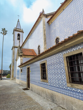 Igreja de Santa Marinha de Cortegaca, church decorated with blue and white azulejos in Cortegaca, Portugal.