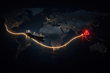 Energy supply risk in strategic shipping route with tanker and alert signals, global trade and geopolitical crisis concept