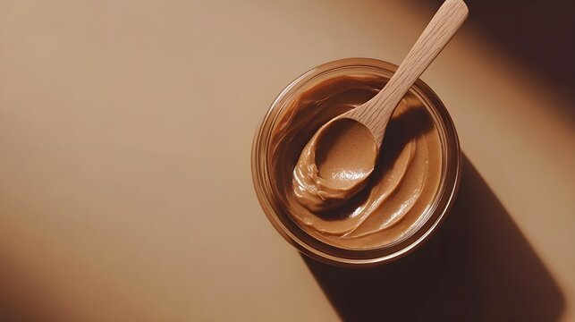 Top view jar of smooth nut paste with wooden spoon