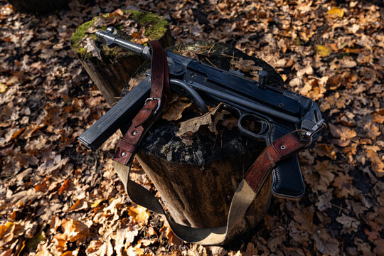 Original World War II German  Submachine Gun in Autumn Forest