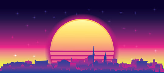 Obraz premium Purple generic retro futuristic synthwave panoramic poster of the city skyline with misty background sunset buildings of STUTTGART, GERMANY