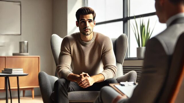 Video of man sits in armchair during therapy session in calm counseling setting
