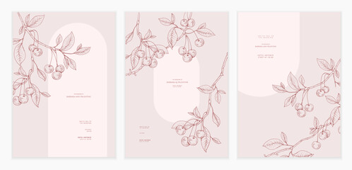 Naklejka premium Set of card with cherry fruits. Detailed template layout design, for brochure, cover or wedding invitation