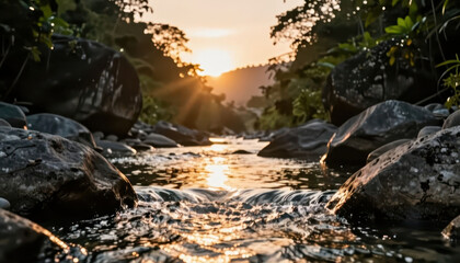 Fototapeta premium a tranquil river flowing over large stones, surrounded by lush greenery. The sunset casts a warm glow on the water, enhancing the serene river atmosphere.