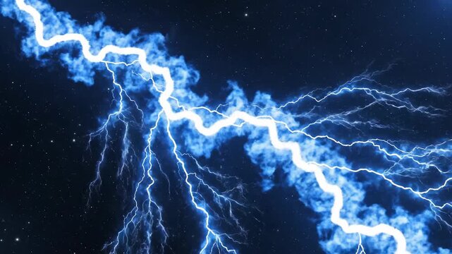 Intense blue lightning bolt with branching electrical discharges against a dark starry sky. Dynamic energy and raw power.