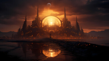 Naklejka premium Cinematic fantasy castle with fractal architecture at sunset reflecting in dark water