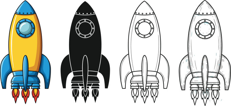 Cartoon rocket set, space ship illustration, vintage and modern styles, launch concept, aerospace design, colorful and outline vector, science fiction theme