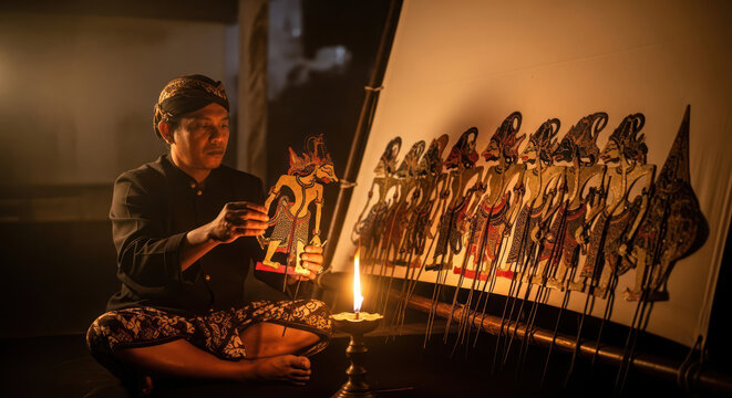 Woman sitting cross-legged with a lit candle and traditional puppet figures.
