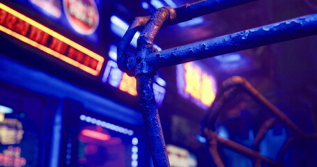 Bright neon lights illuminate a bustling urban area at night. Metal structures create a striking contrast with the colorful ambience, showcasing the energy of city life. © icetray
