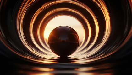 Fototapeta premium a shiny sphere resting in water inside a cylindrical tunnel. The tunnel reflects warm colors from the sunlight, creating a striking visual effect with the sphere.